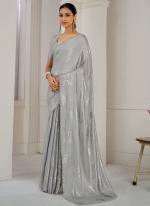 Sattin Silk Grey Party Wear Hand Work Saree